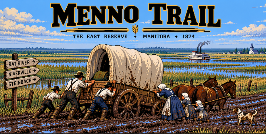 Menno Trail: The East Reserve, Manitoba 1874. A Mennonite family pushing a covered wagon through prairie mud.